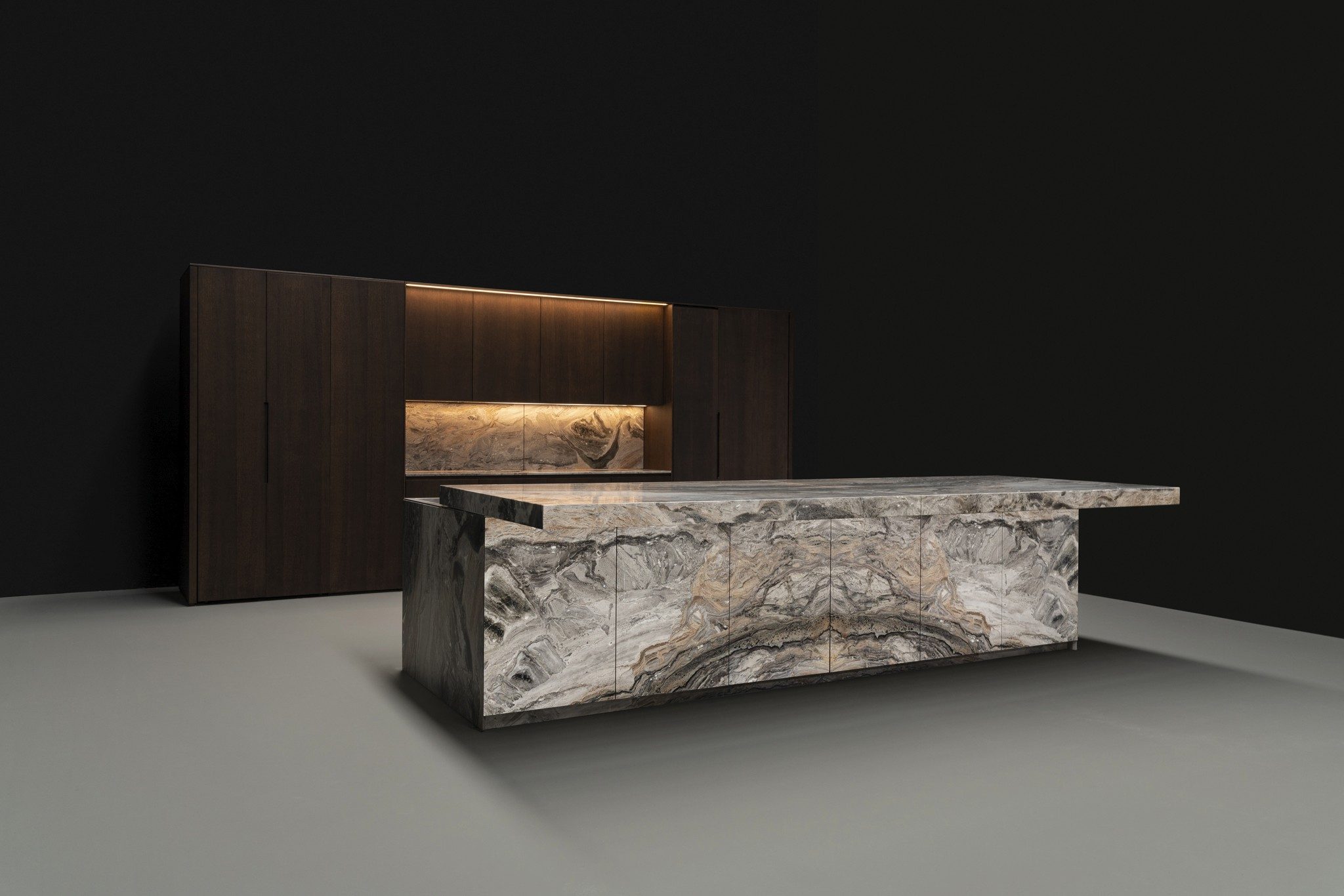 Custom curated marble and walnut kitchen island designed by colorlab.