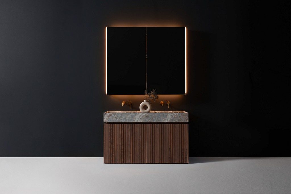Custom bathroom vanity with warm ambient lighting, designed by colorlab.